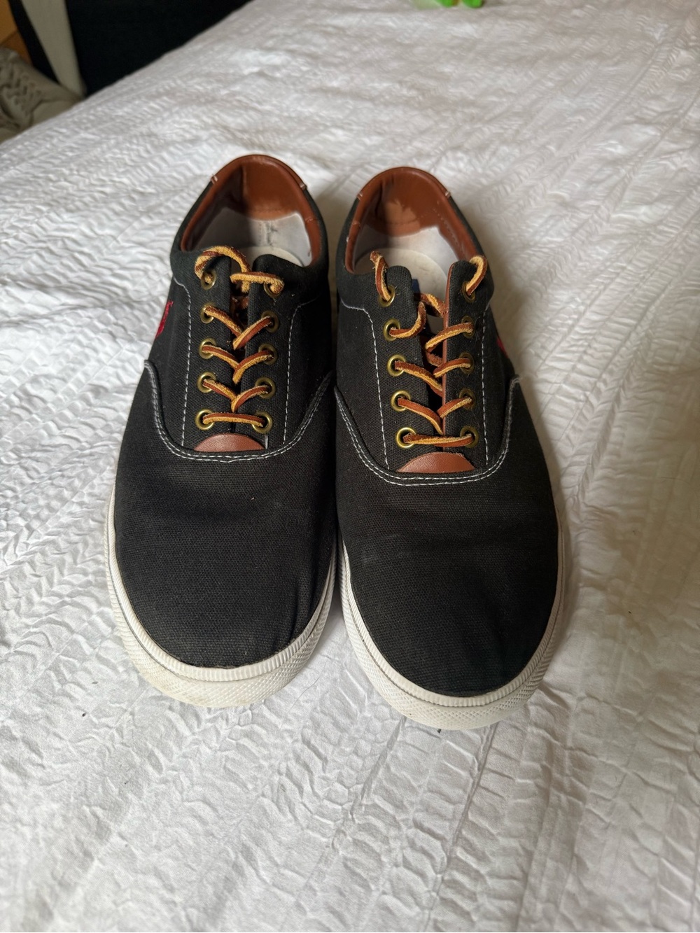 Polo by Ralph Lauren Black Canvas Sneakers with Brown Trim and Red Logo - Picture 2 of 6